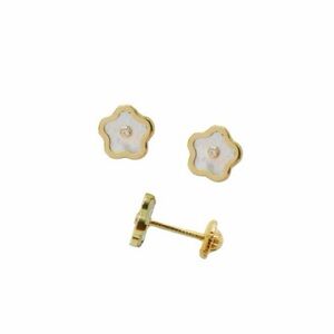 14K Gold Flower Screw Back Earrings With Mother Of Pearl